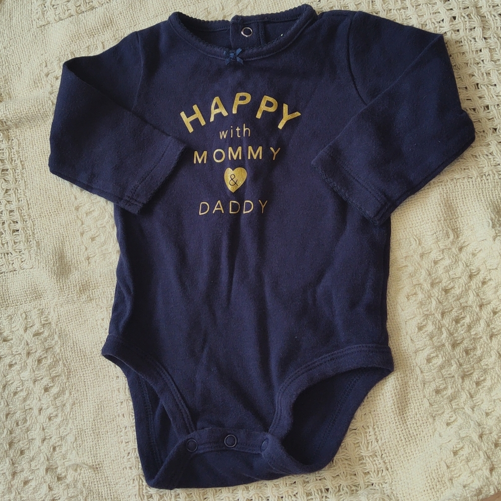 6 Months Long Sleeved Navy Carter's Onesie "Happy with Mommy and Daddy"